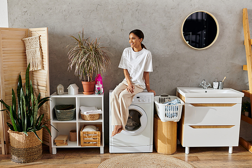 A young african american woman happily manages her house cleaning tasks in a stylish kitchen area.