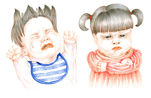 [Hand Drawing] A crying baby boy and an angry baby girl