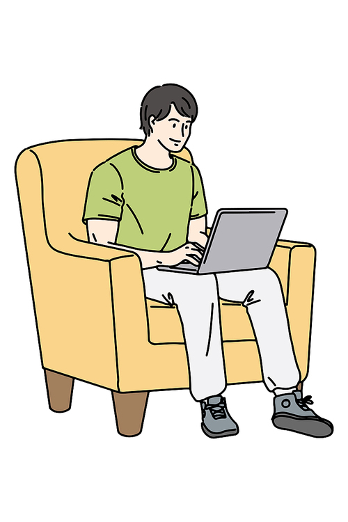 소파에 앉아 노트북을 하는 남성, 직장인, 대학생