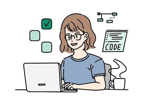 노트북으로 코딩을  하고 있는 안경을 쓴 여성 개발자, 프로그래머 일러스트