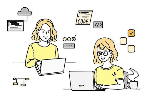 노트북으로 코딩을  하고 있는 두 명의 여성 개발자, 프로그래머 노란 심플 스타일의 일러스트