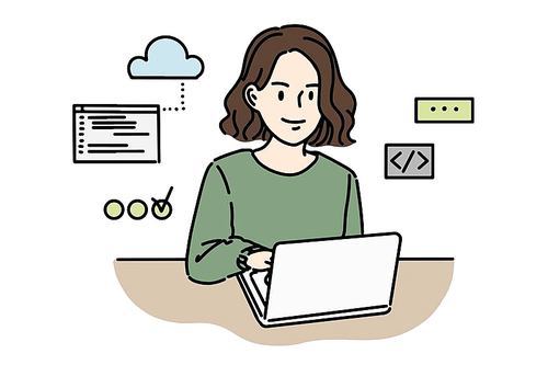 노트북으로 코딩을  하고 있는 단발 머리 여성 개발자, 프로그래머 일러스트