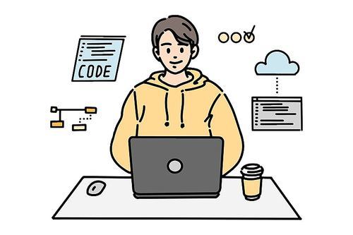 노트북으로 코딩을  하고 있는 남성 개발자, 프로그래머 일러스트