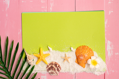 Beautiful summer holiday, Beach accessories, sea shells, sand and palm leave on paper for copy space