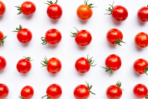 Fresh cherry tomatoes on white background. Top view