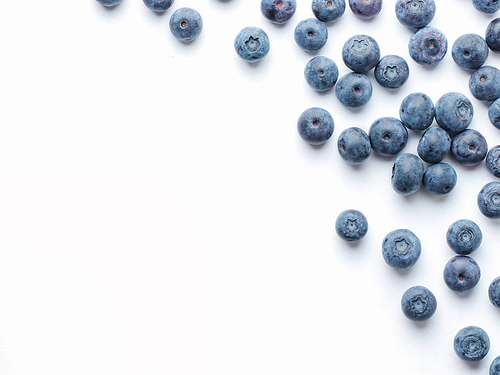 Blueberries isolated on white. Blueberry border design. Ripe and juicy fresh picked bilberries close up. Copyspace. Top view or flat lay