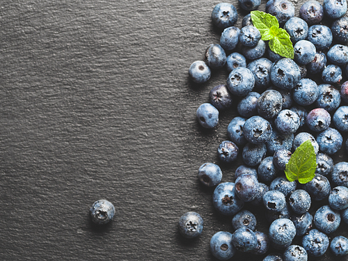 Top view of blueberries on gray slate background with copy space. Blueberry close up background. Bilberries border design