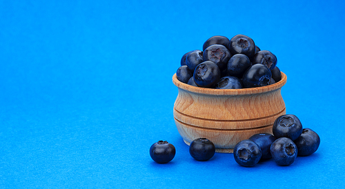 Blueberry isolated on blue background with copy space. A pile of fresh blueberries in a wooden bowl, fresh wild berries, healthy food concept, close-up