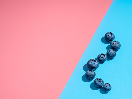 Blueberry on duotone background. Minimalistic concept. Blueberries on pink and blue background in hard light. Copy space for text or design.