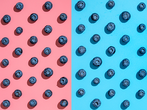 Blueberry pattern. Minimalistic concept. Top view or flat lay. Blueberries staggered on two colors background. Pink and blue minimalistic background