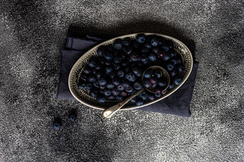 Organic food concept with ripe blueberry on rusty stone background