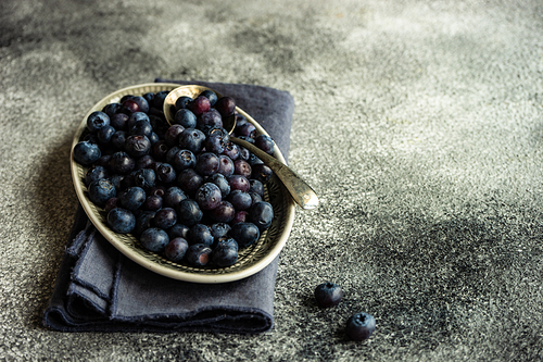 Organic food concept with ripe blueberry on rusty stone background