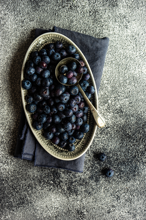 Organic food concept with ripe blueberry on rusty stone background