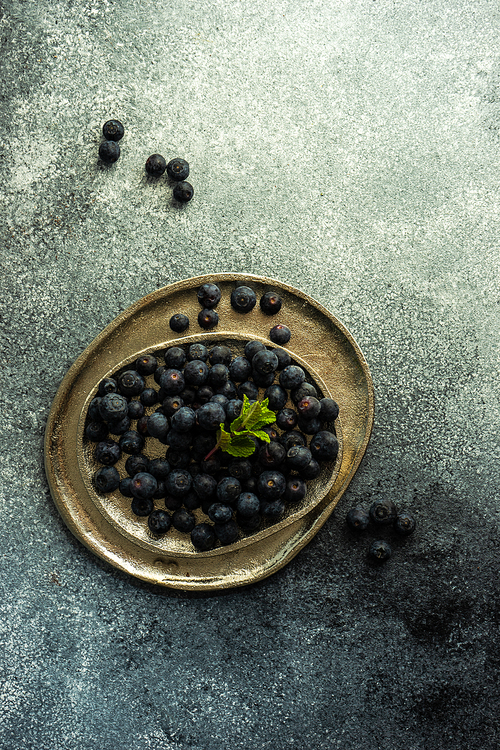 Organic blueberry fruits on concrete background with copy space