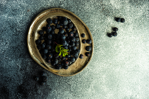 Organic blueberry fruits on concrete background with copy space