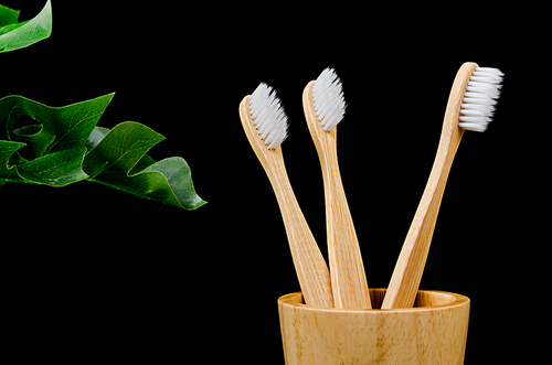 Bamboo toothbrushes with green leaves on black background, Zero waste concept.
