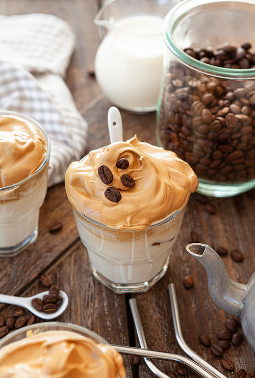 Whipped Coffee in a glass with coffee beans