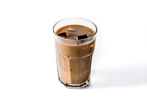 Iced coffee or caffe latte in tall glass isolated on white