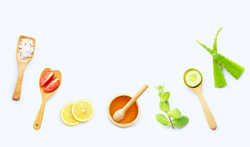Natural ingredients for homemade skin care  on white background.