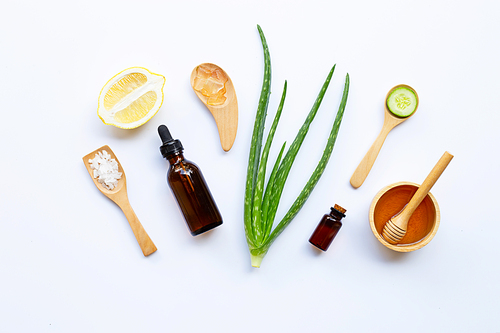 Aloe vera, lemon, cucumber, salt, honey. Natural ingredients for homemade skin care on white