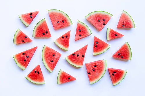 Sliced watermelon on white background, top view.