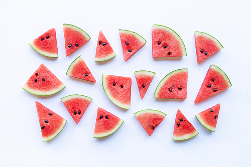 Sliced watermelon on white background, top view.