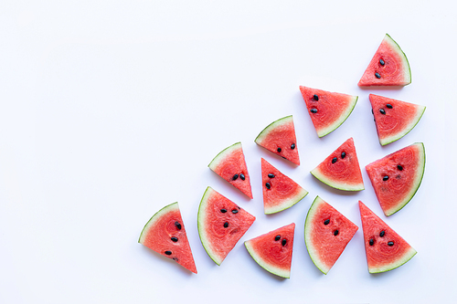 Sliced watermelon on white background. Copy space, Top view