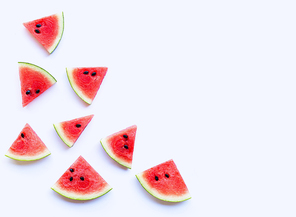 Fresh watermelon slices on white background. Copy space