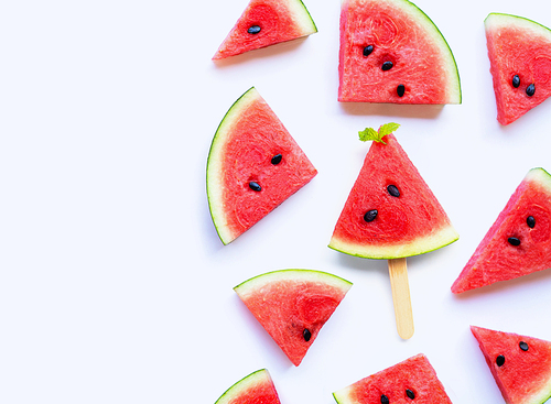 Fresh watermelon slices on white background. Copy space
