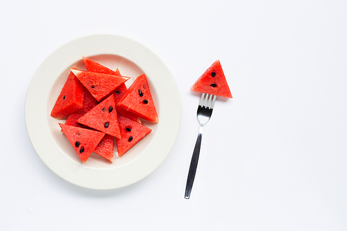 Summer fruit, Slices of watermelon on white plate isolated on white, Copy space