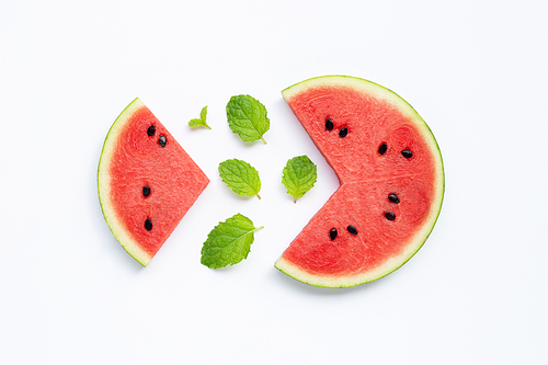 Summer fruit, Slices of watermelon with mint leaves isolated on white, top view