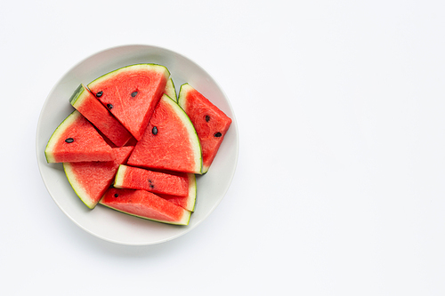 Summer fruit, Slices of watermelon on white plate isolated on white, Copy space