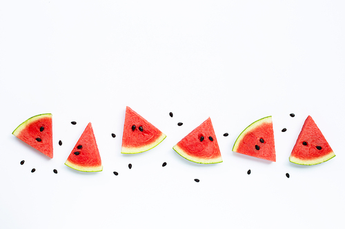 Summer fruit, Slices of watermelon with seeds on white background, Copy space
