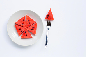 Summer fruit, Slices of watermelon on white plate isolated on white, Copy space