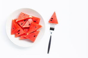 Summer fruit, Slices of watermelon on white plate isolated on white background, Copy space