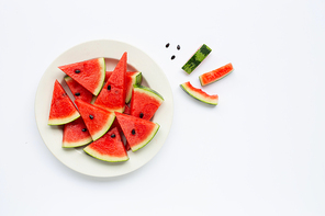 Summer fruit, Slices of watermelon on white plate isolated on white, Copy space