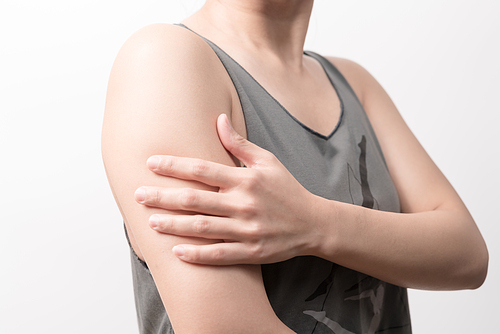 closeup women arm and shoulder pain/injury with white backgrounds, healthcare and medical concept