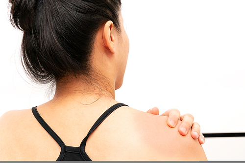 young women neck and shoulder pain injury, healthcare and medical concept