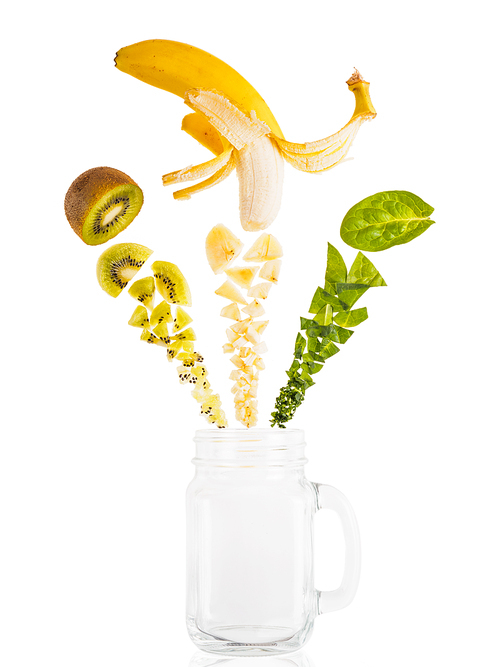 Smoothie ingredients. Kiwi, banana and spinach and mason jar. Superfoods and healthy lifestyle or detox diet food concept. Top view or flat lay. Isolated on white, clipping path.