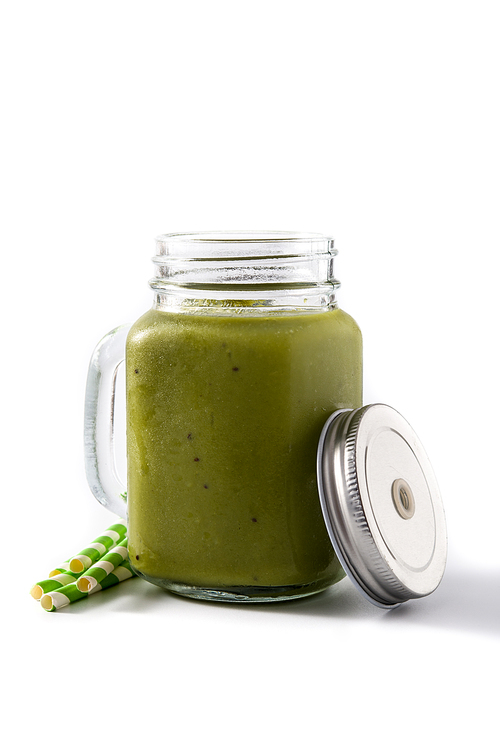 Healthy green smoothie with spinach,mint, kiwi, ginger and green isolated on white.