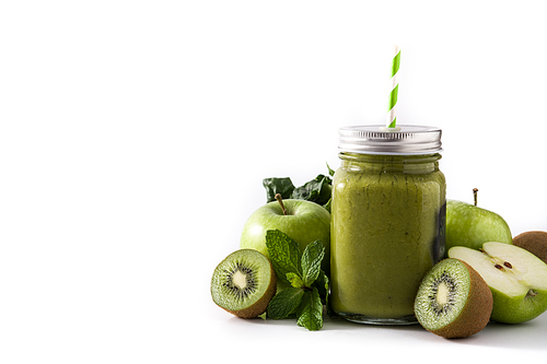 Healthy green smoothie in jar isolated on white