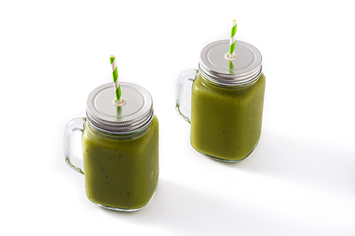 Healthy green smoothie with spinach,mint, kiwi, ginger and green isolated on white