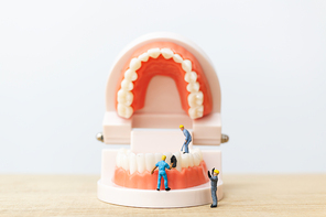 Miniature people : Worker team repairing a tooth ,Healthcare and medical concept