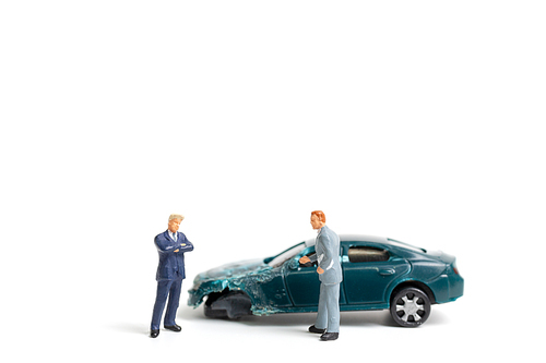 Miniature people : Accident scene, car crash on white background , Safety driving concept