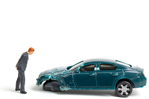 Miniature people : Accident scene, car crash on white background , Safety driving concept