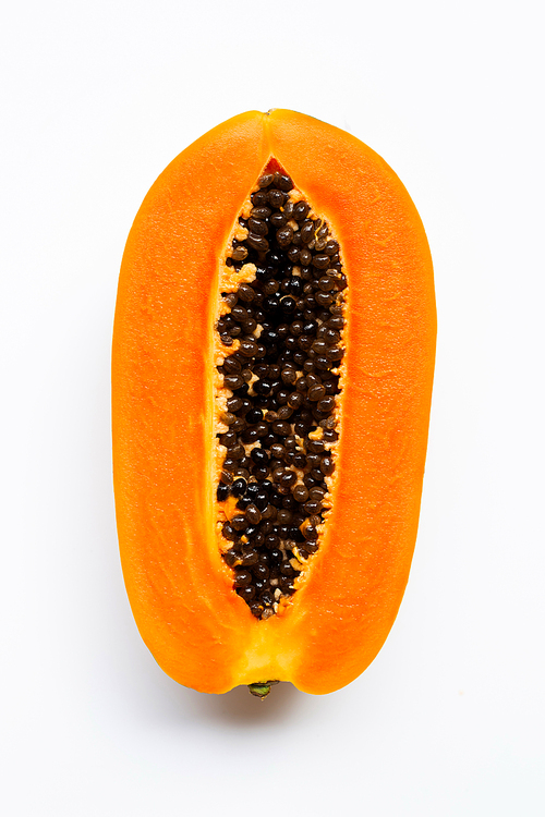Ripe papaya fruit on white background. Top view