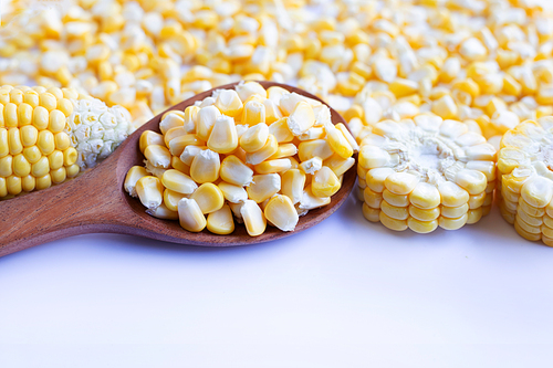 Corn seeds and ripe corn cobs on  white background.