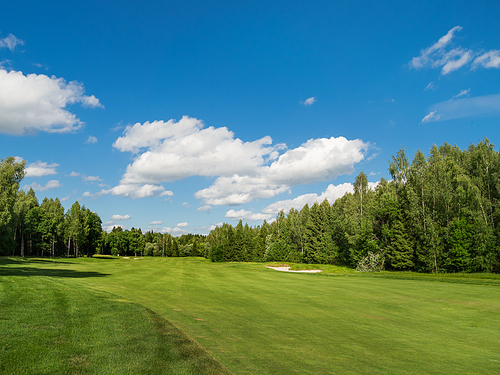 Countryside golf course. Green cutted grass on field, forest and blue sky. Cloudscape in sunny day. Russia.