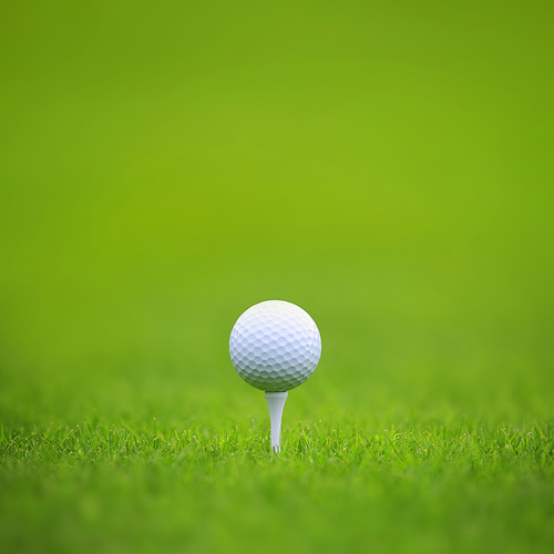 Golf ball on tee on green grass of golf course background, backgrounds for banner foth copy space for text