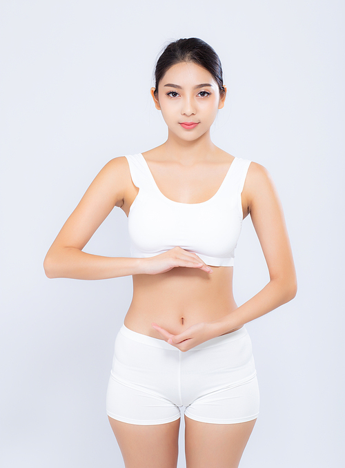 Portrait young asian woman weightloss smiling beautiful body diet with fit presenting something copy space on hand isolated on white, girl weight slim with cellulite, health concept.